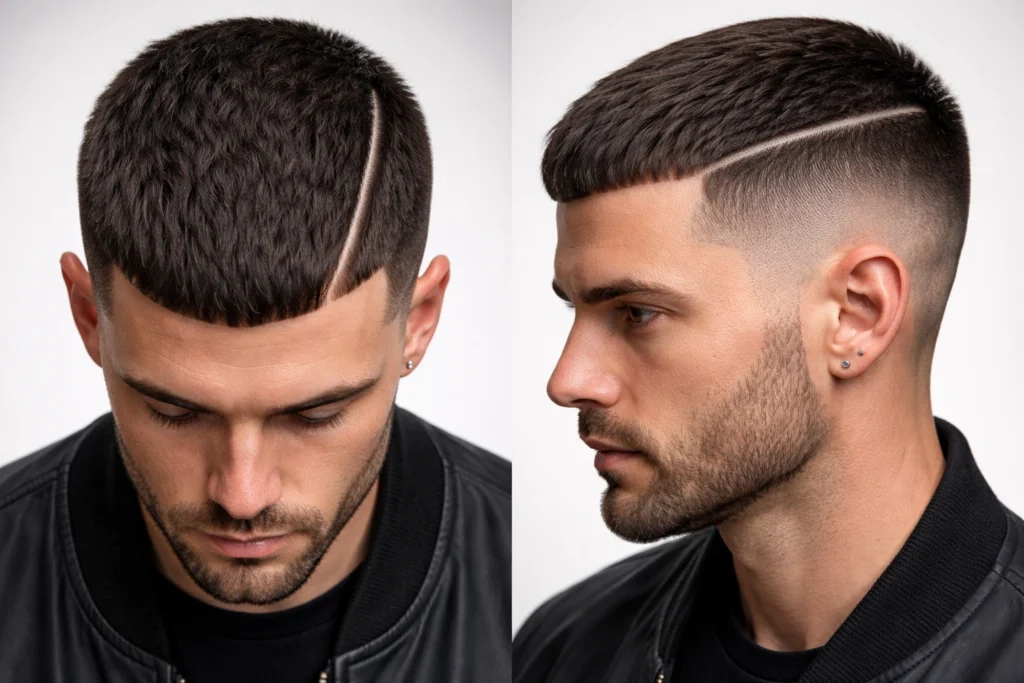 Caesar Cut with a Hard Part