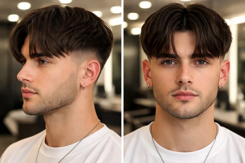 Curtain Bangs with a Low Fade