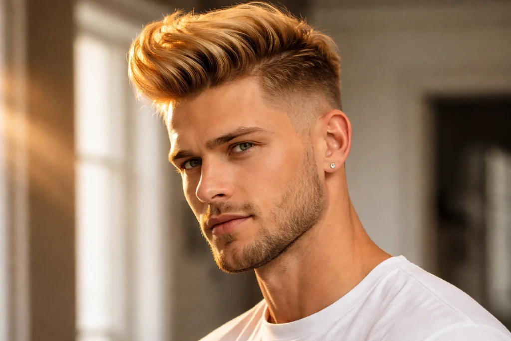 Golden Blonde Quiff with Taper Fade