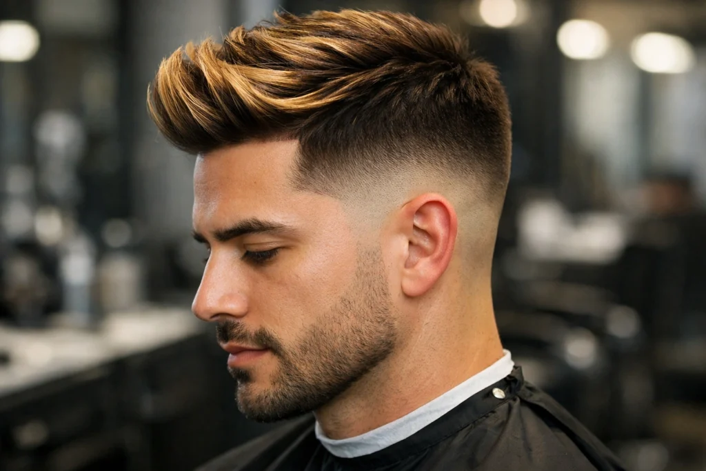 Honey Blonde Highlights on Brown Hair with Taper Fade