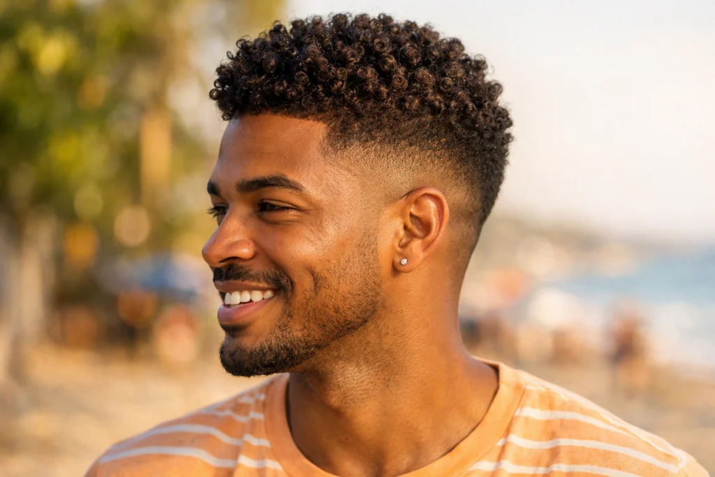Short Curly Hair with Taper Fade
