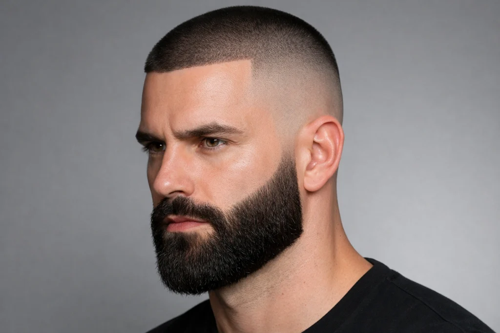 The Buzz Cut Skin Fade With Full Beard