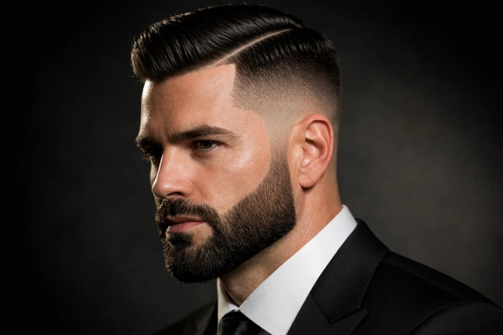 The Side Part Fade with Boxed Beard