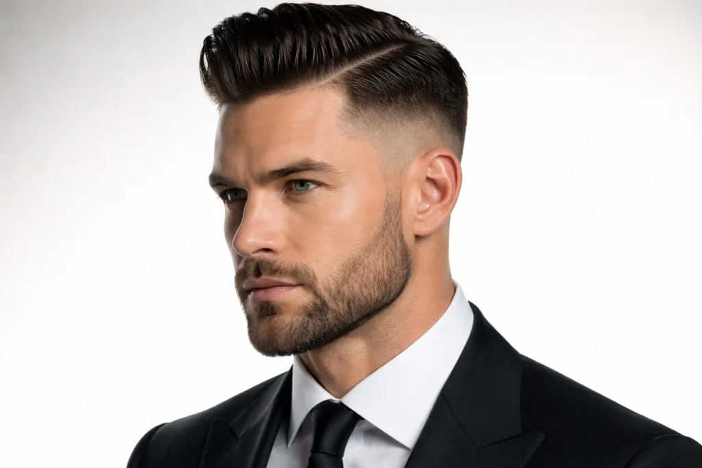 The Slick Back Fade With Short Boxed Beard