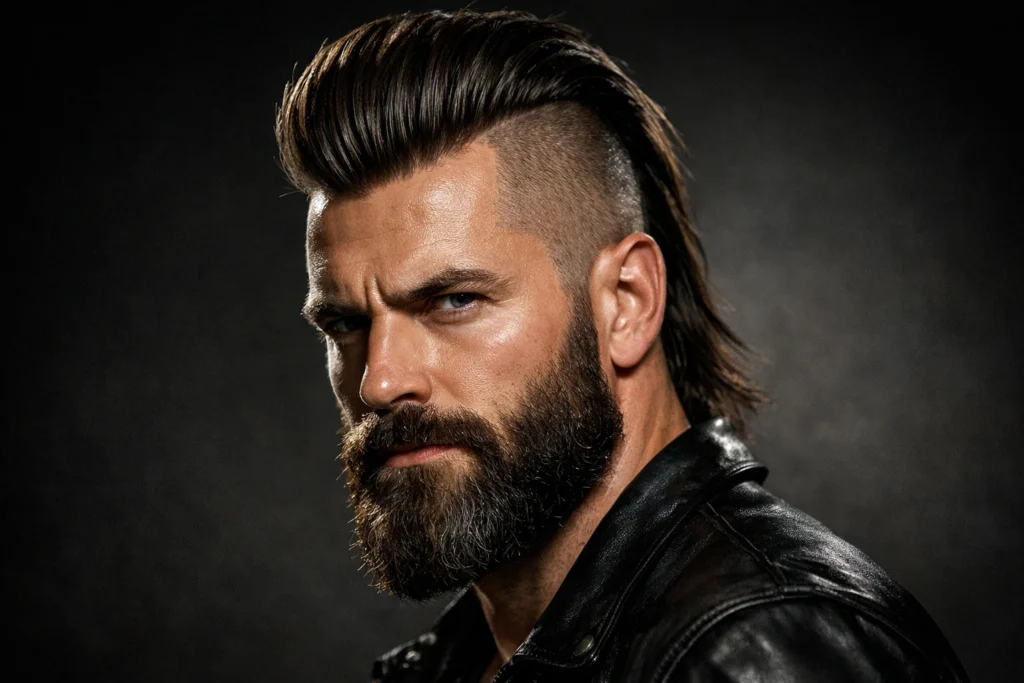 The Slick Back Mohawk With Full Beard