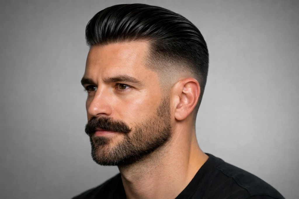 The Slick Back With Drop Fade and Beardstache