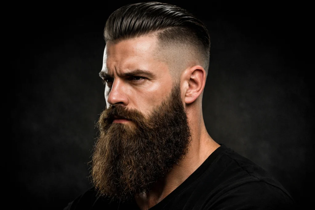 The Slick Back With High Fade and Lumberjack Beard