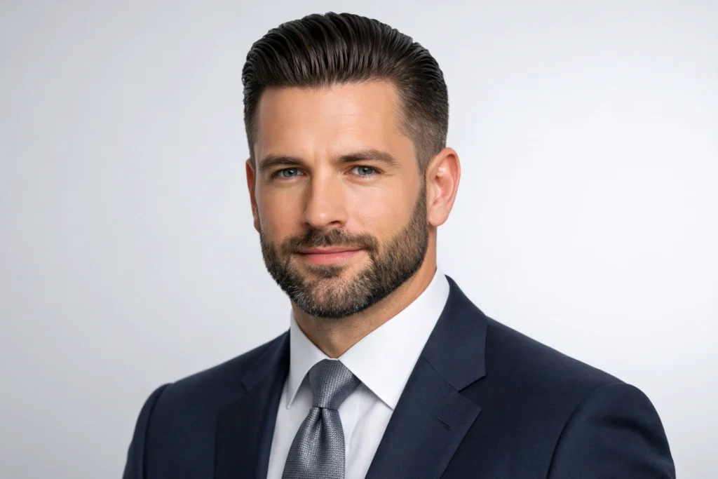 The Slick Back With Low Fade and Corporate Beard