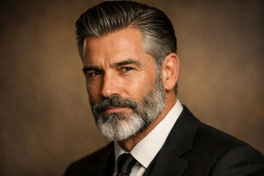 The Slick Back With Side Part and Salt and Pepper Beard