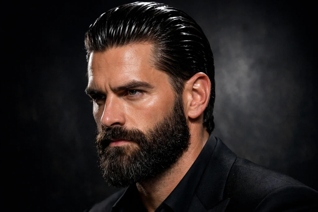 The Wet Look Slick Back With Power Beard