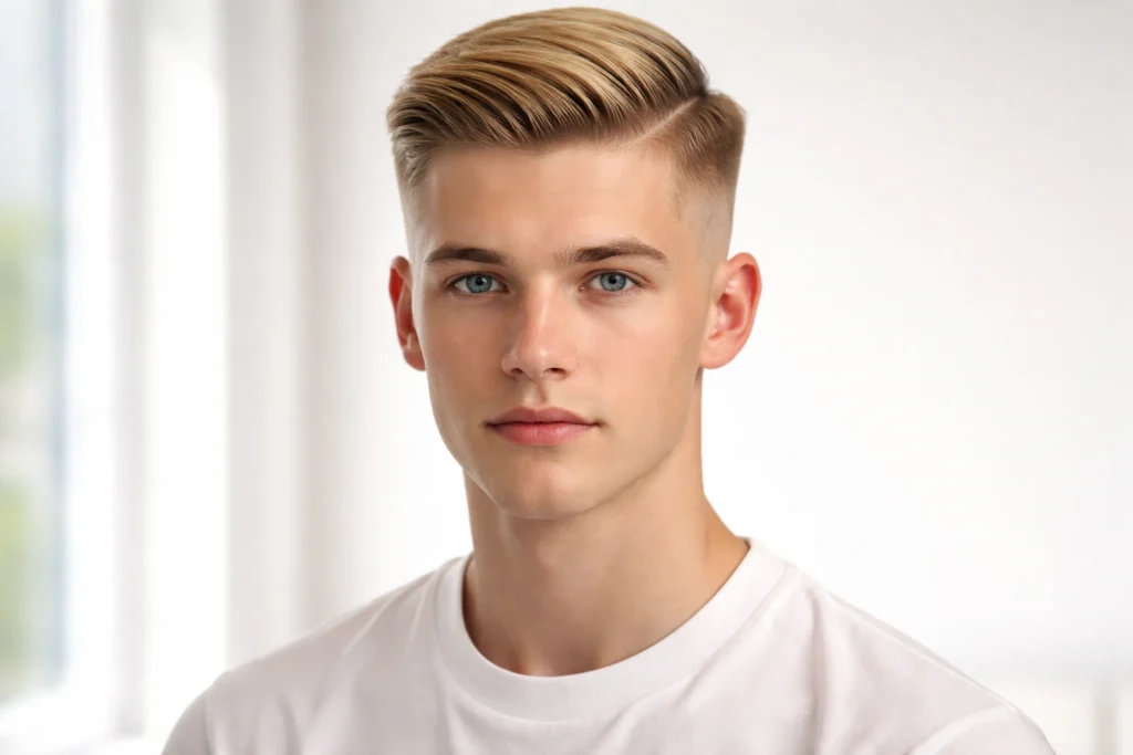 Vanilla Blonde Side Part with High Fade