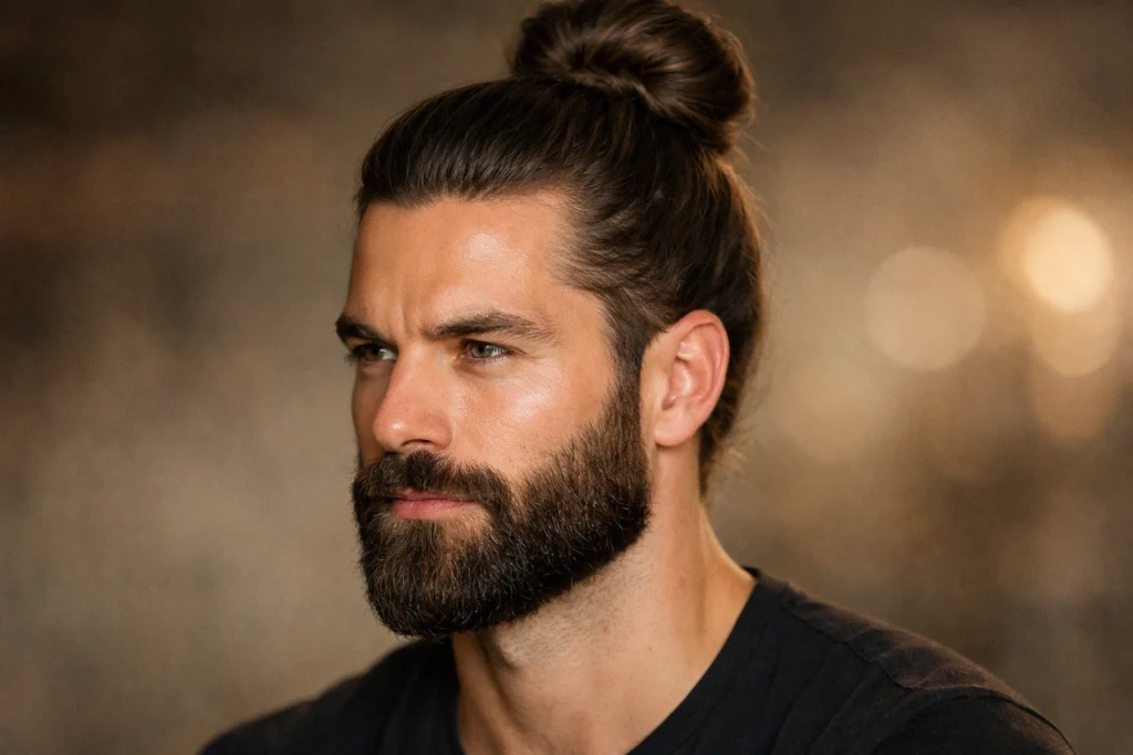 The Classic High Man Bun with a Full Beard