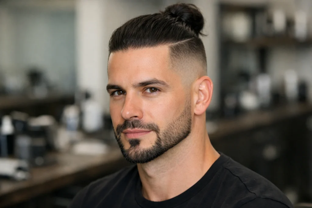 The Faded Man Bun with a Patchy Beard Styled to Perfection