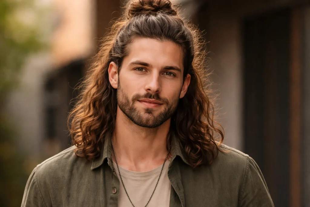 The Half-Up Man Bun with a Medium Beard