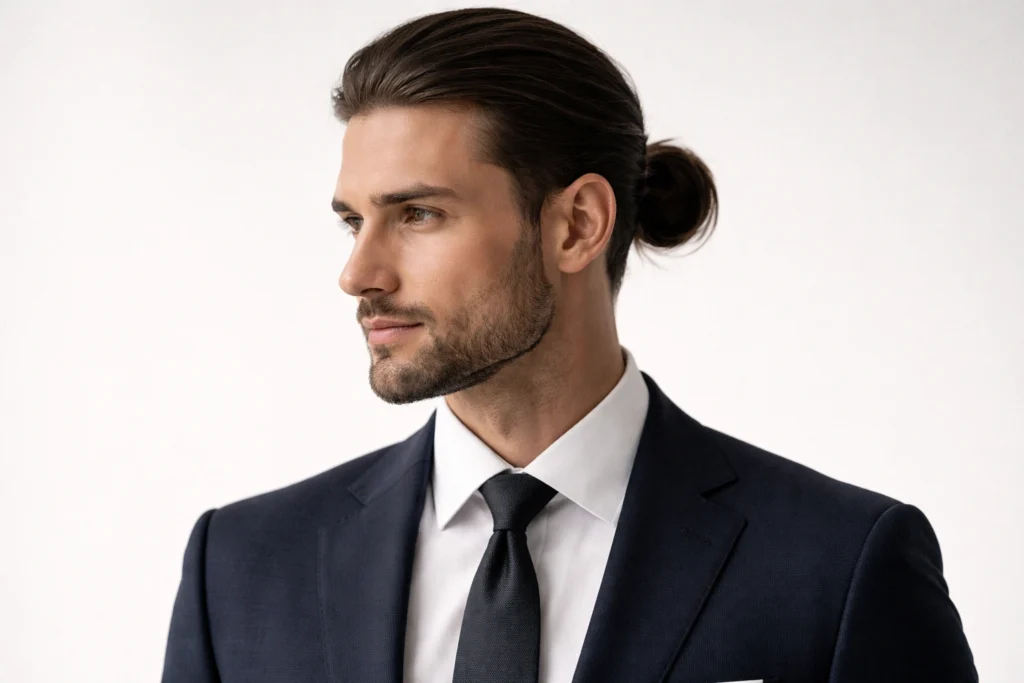 The Low Man Bun with a Trimmed Beard