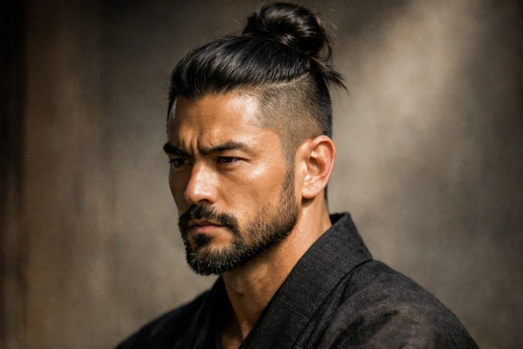 The Samurai Bun with a Groomed Beard